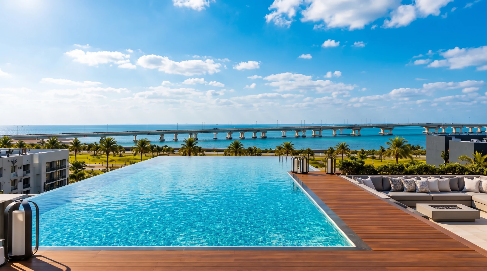Daylight view across the rooftop infinity pool towards the sea link and Arabian Sea