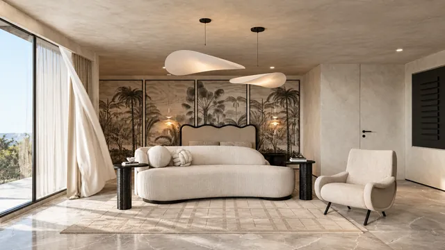 Bedroom with a botanical mural wall and sheer curtains