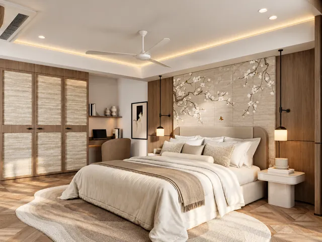 Bedroom with a floral wall panel and soft neutral furnishings