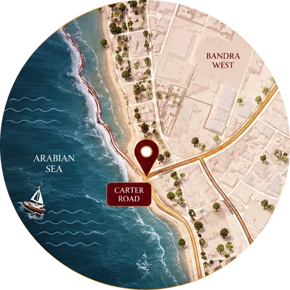 Map of the Bandra West waterfront with Carter Road marked beside the Arabian Sea